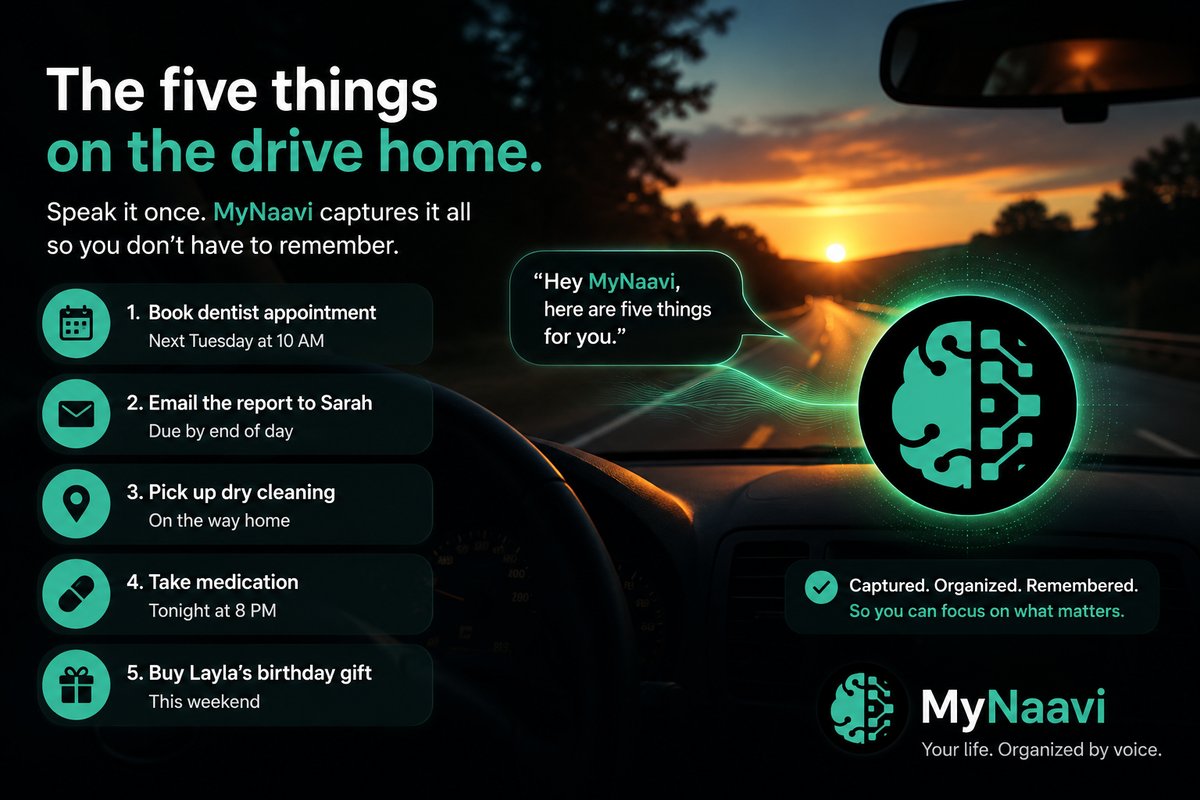 Illustration of a car dashboard at sunset with a voice message bubble listing five tasks captured during a drive home