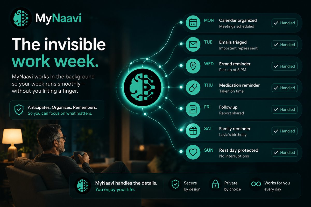 Illustration of a week of tasks, Monday through Sunday, each marked handled automatically by MyNaavi