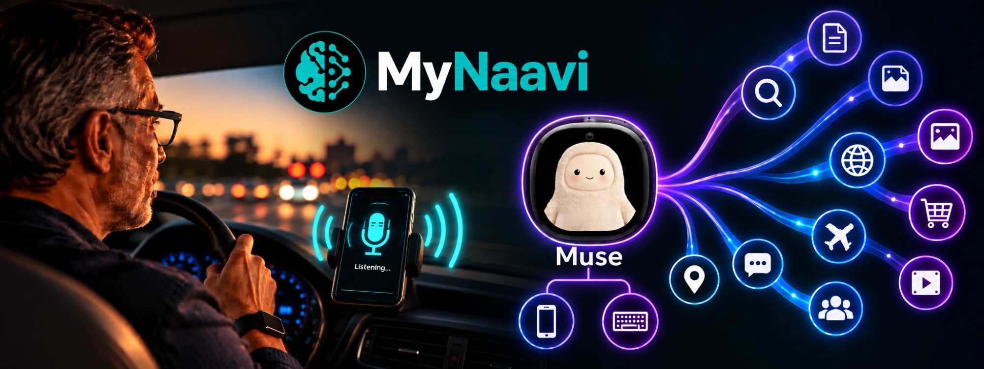 A driver talking to MyNaavi through a phone call on a cradled phone, beside Meta's Muse shown as a device reached by phone and keyboard and connected to many web services