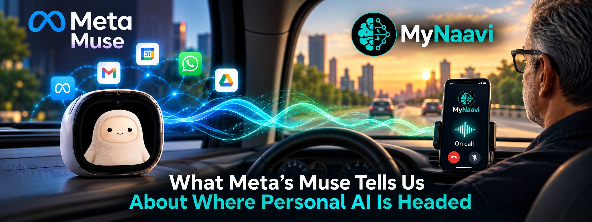 Meta Muse shown as a device on a car dashboard connected to app icons, alongside MyNaavi running as a phone call on a cradled phone while the driver keeps their eyes on the road