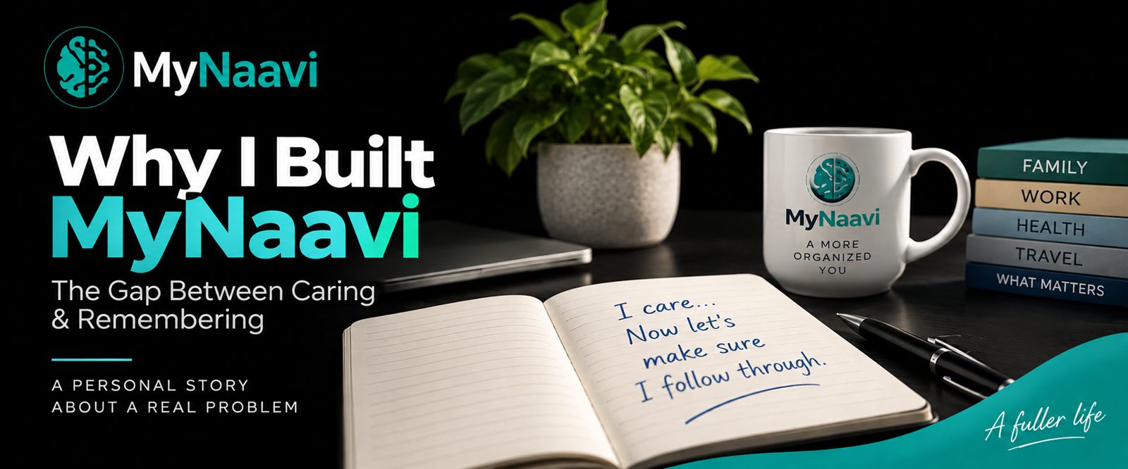 A desk with an open notebook reading "I care… Now let’s make sure I follow through.", a MyNaavi mug, and books labelled family, work, health, travel and what matters. Headline: Why I Built MyNaavi — The Gap Between Caring and Remembering.