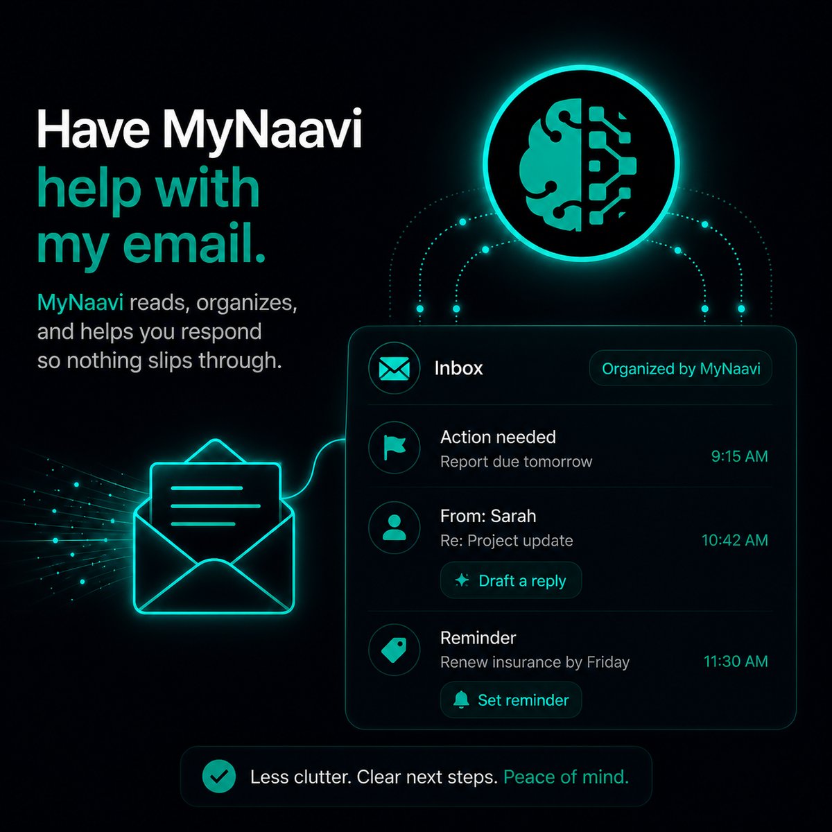 Illustration of MyNaavi organizing an email inbox with flagged actions and reminders