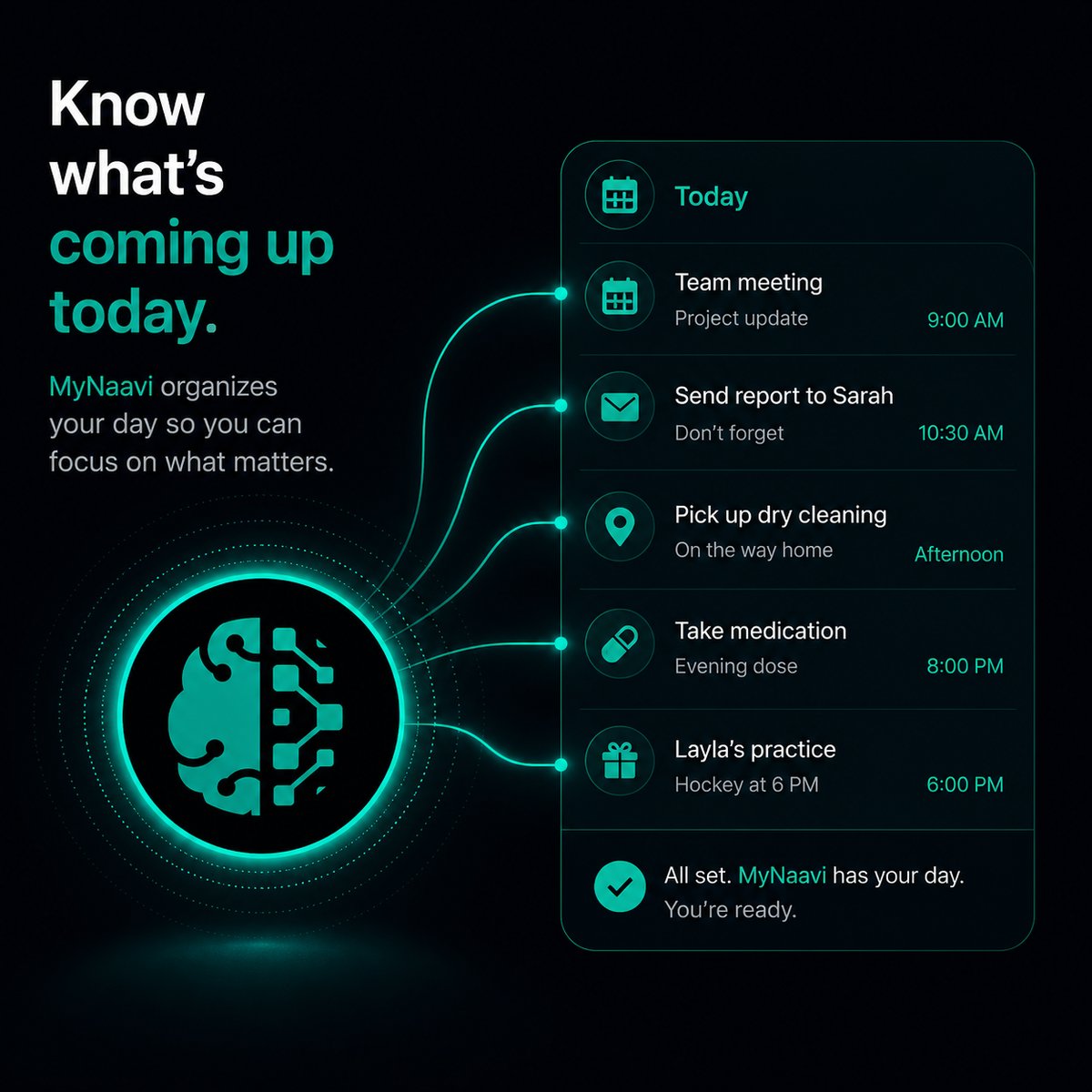 Illustration of MyNaavi listing today's calendar events, reminders, and errands